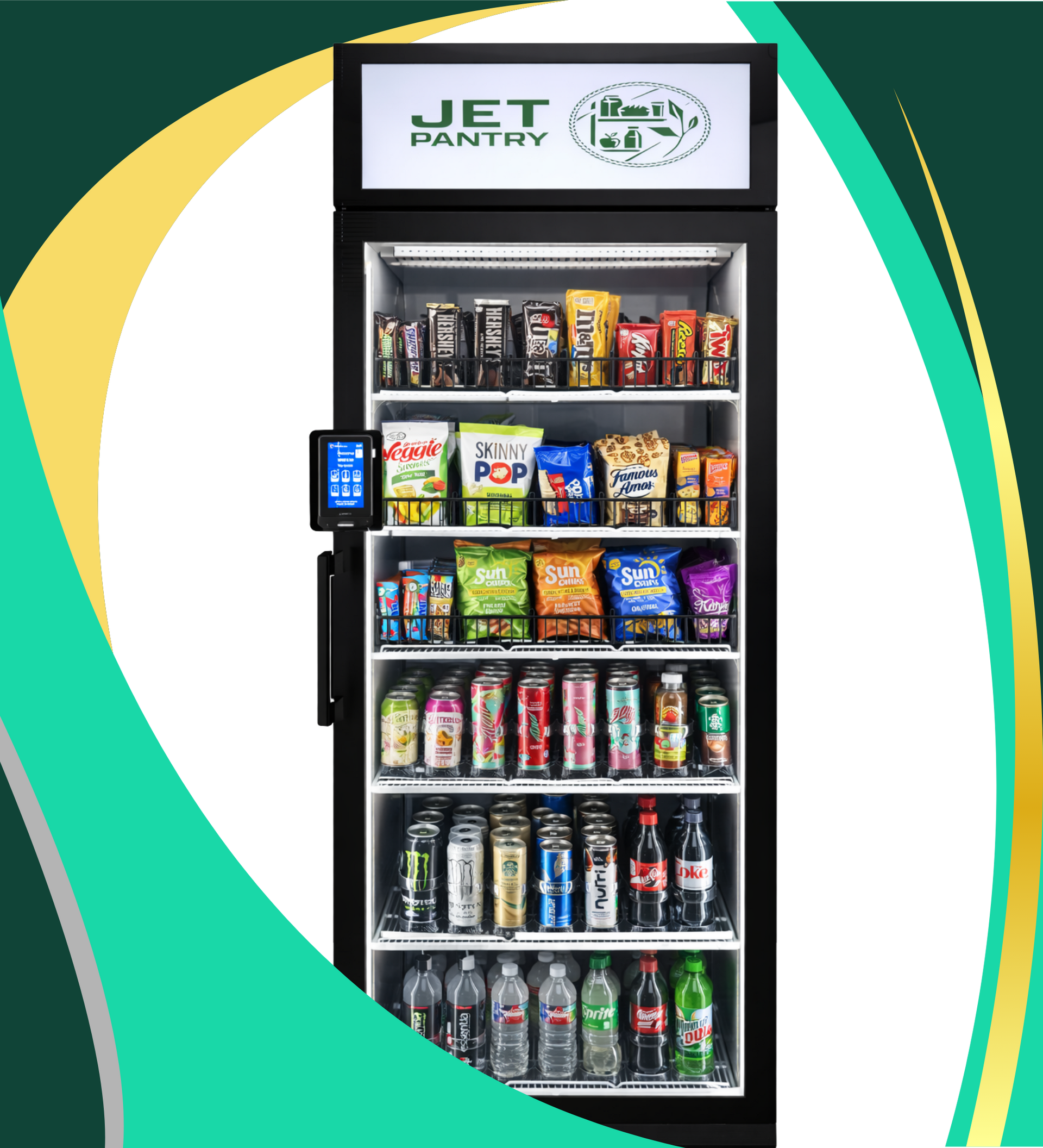 A black Jet Pantry vending machine filled with various snacks and bottled beverages on its interior shelves.
