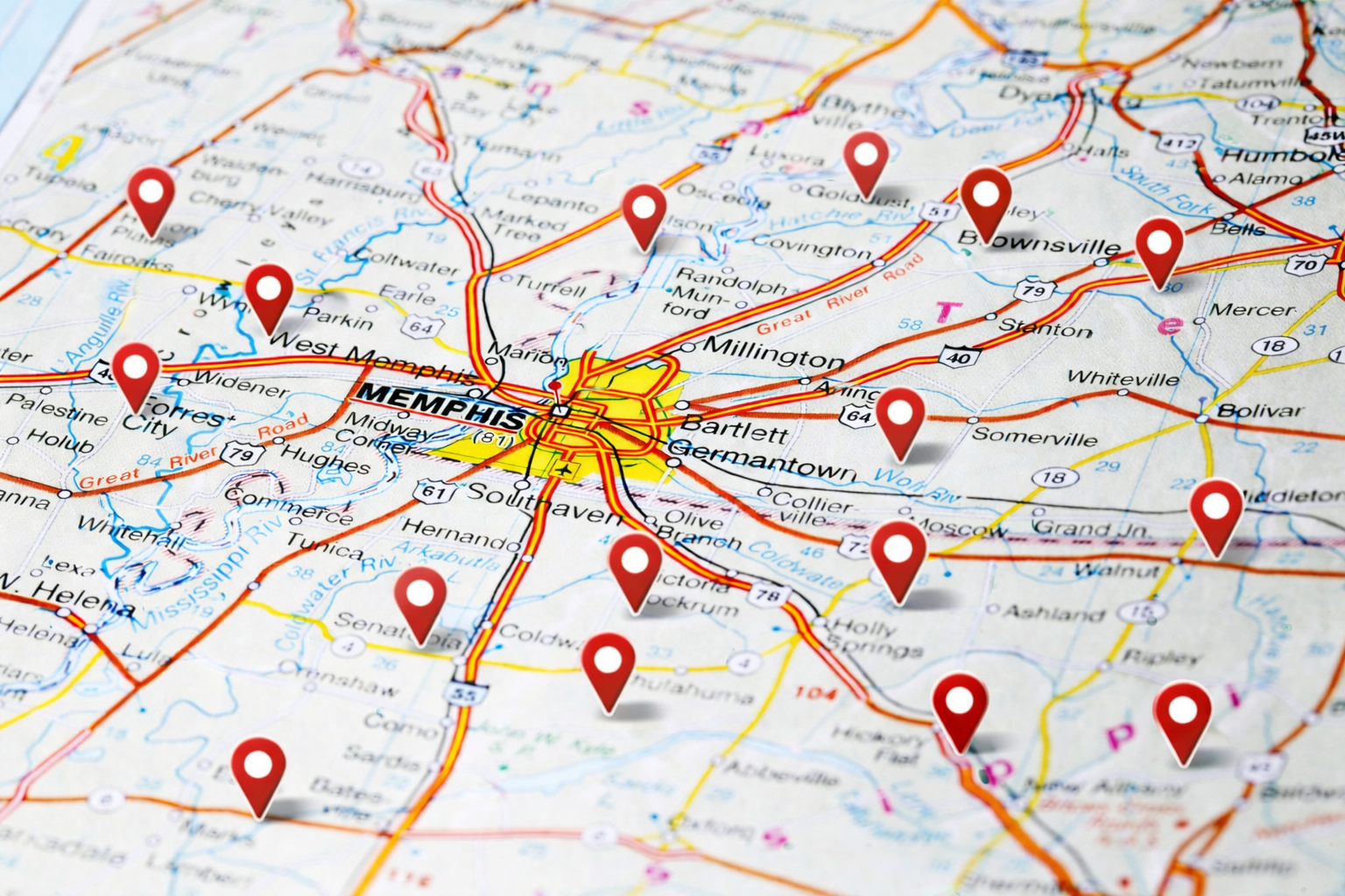 A map centered on Memphis, Tennessee, with red location markers spread across the surrounding region.