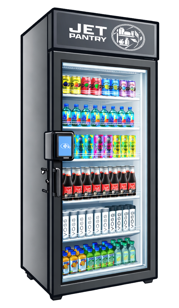 A black, glass-fronted Jet Pantry refrigerated vending machine filled with rows of bottled and canned beverages.