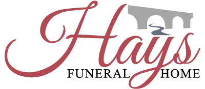 Logo for Hays Funeral Home featuring elegant red script lettering and a grey stone bridge graphic above the text.