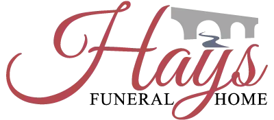 Logo for Hays Funeral Home featuring elegant red script lettering and a grey stone bridge graphic above the text.