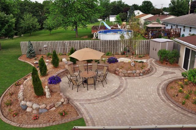 Aerial View Of A Backyard With A Table And Chairs And An Umbrella — Menasha, WI — Artscapes COC