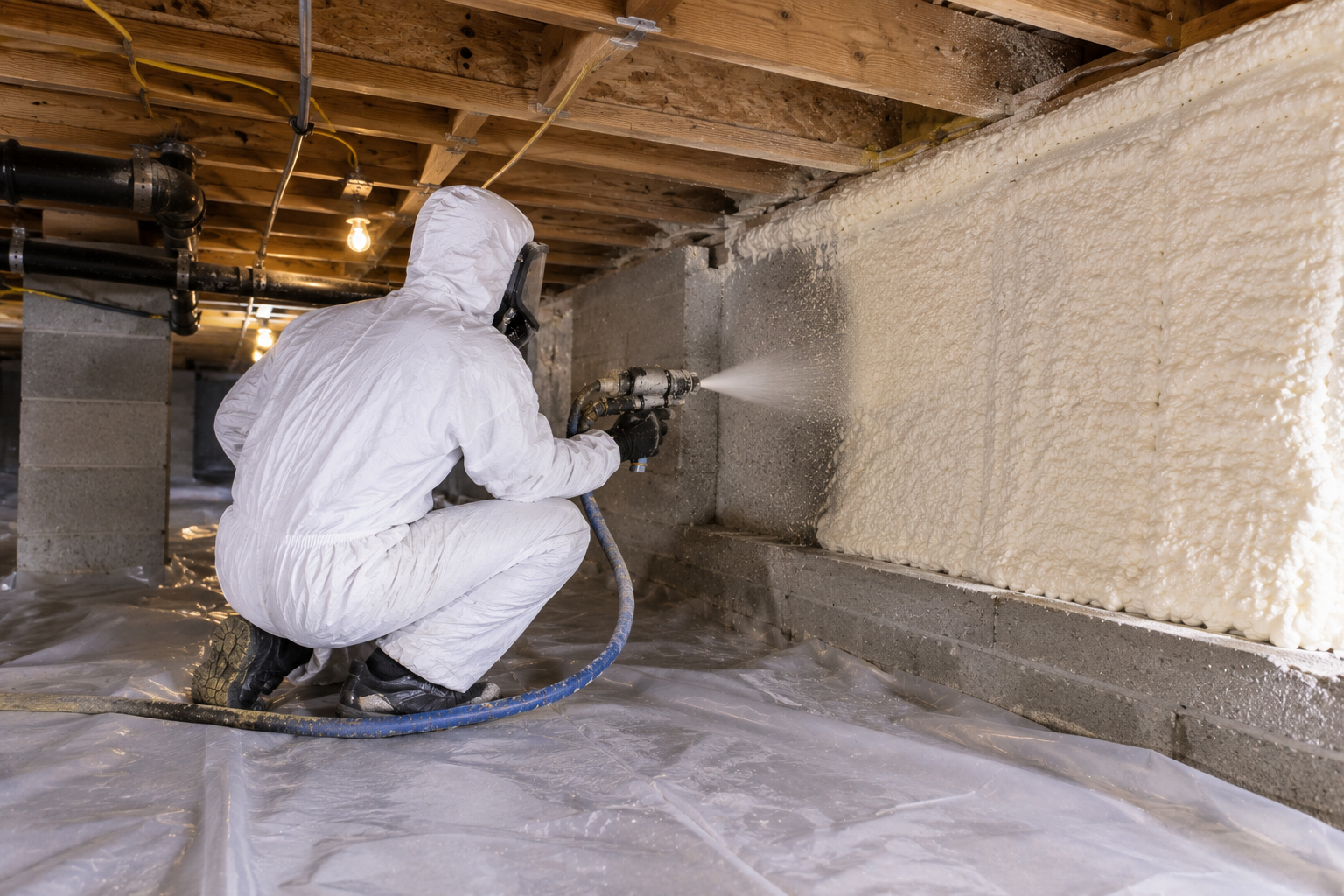A man dressed in full protective suite using spray gun to apply spray foam to the concrete walls of a basement