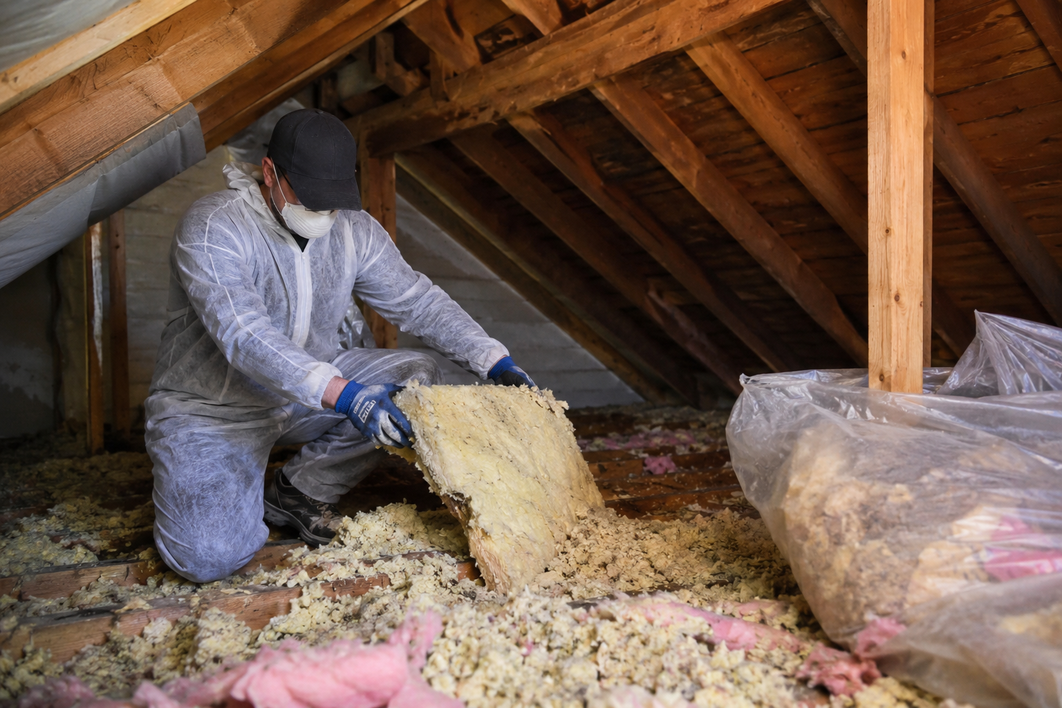A man dressed in full protective suit removing attic insulation