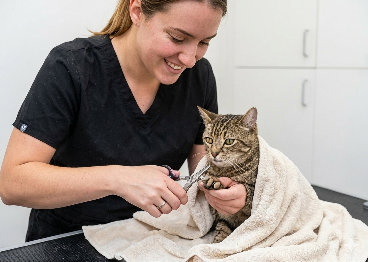 Vet tech trimming cat nails wrapped in a towel.