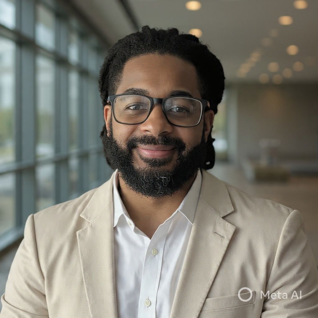 Man with locs and glasses smiles, wearing a navy blazer and light blue shirt, in an office.