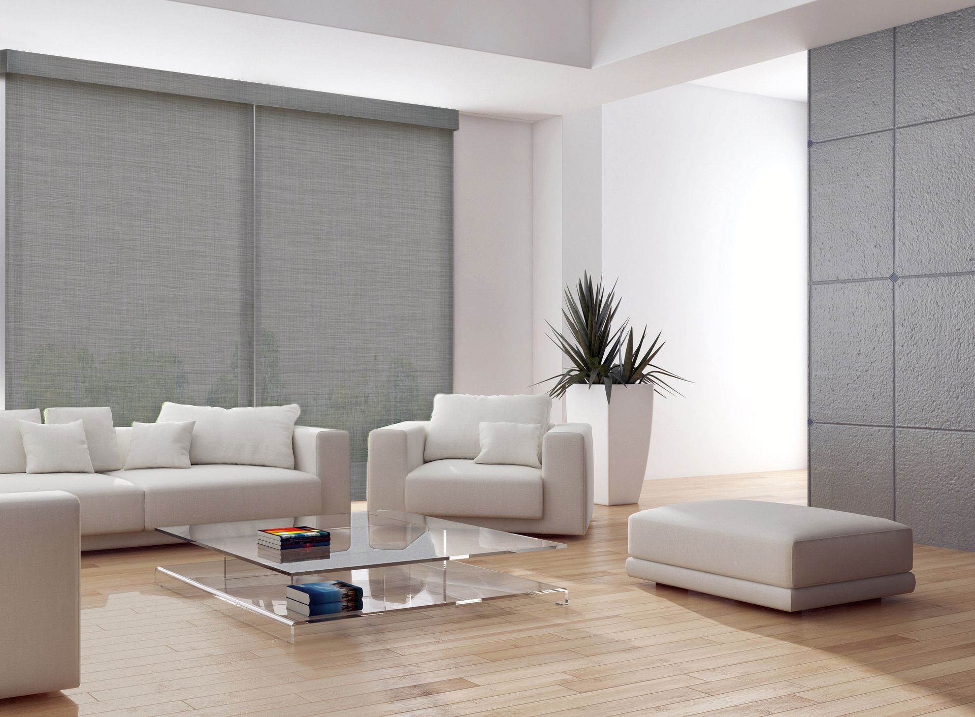 Modern living room with light gray blinds, white furniture, and a square glass coffee table.