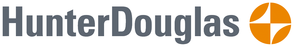 Hunter Douglas logo, dark gray text with an orange circular emblem.