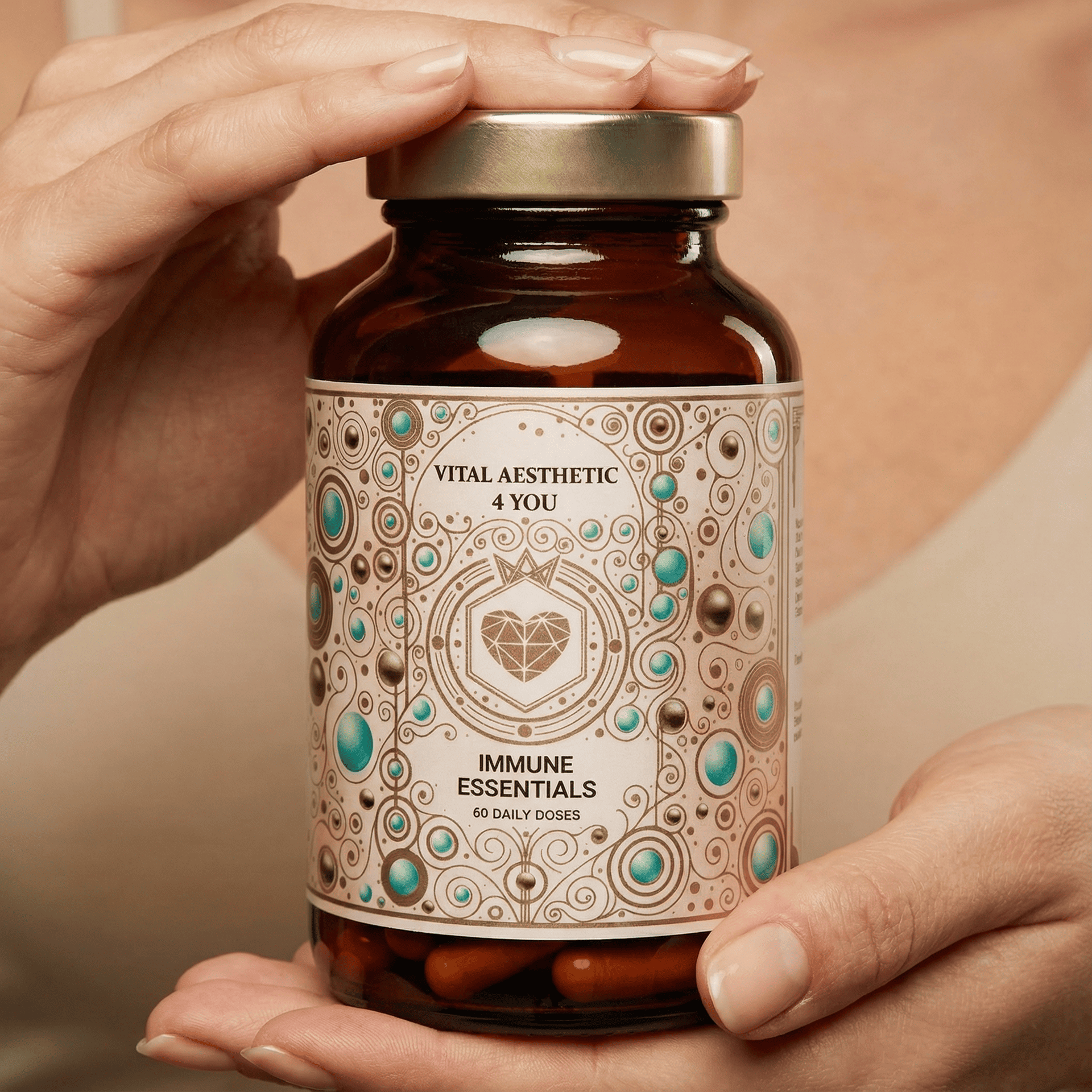 Hands holding a brown glass bottle of pills with a gold lid.