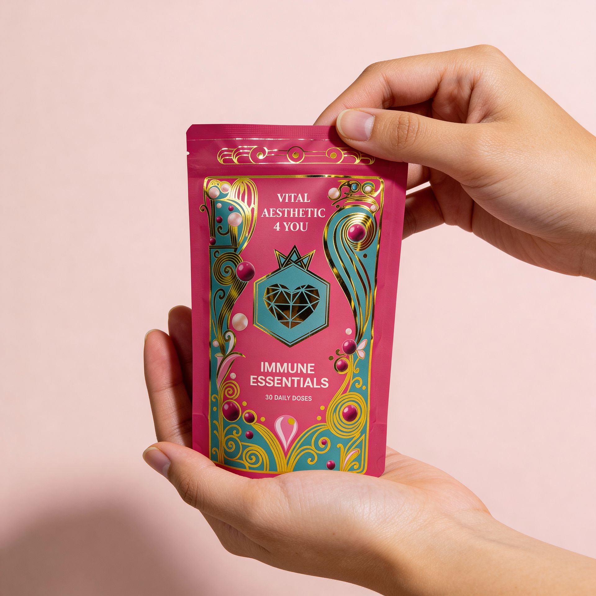 Person holding a pink pouch labeled 