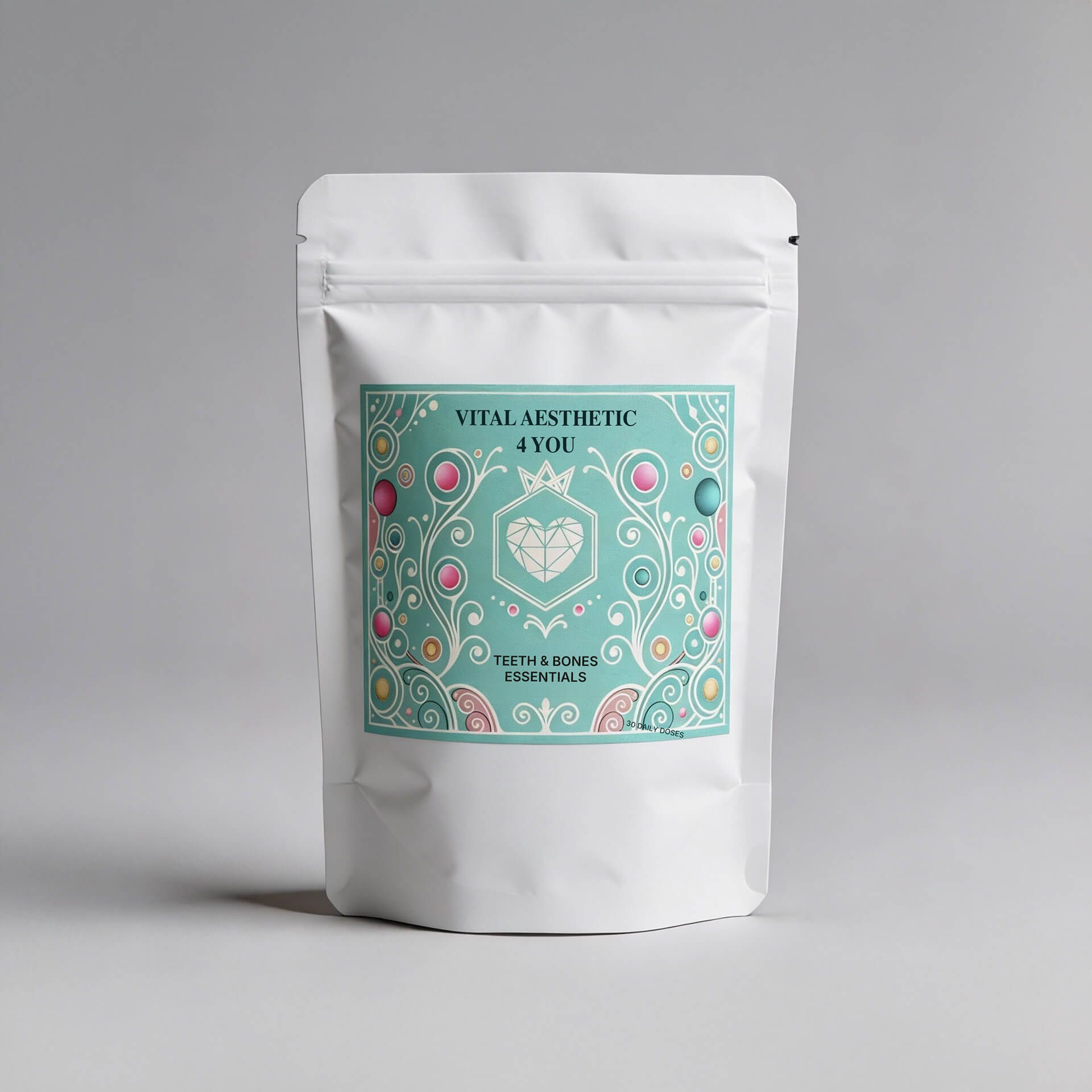 White pouch with label reading 