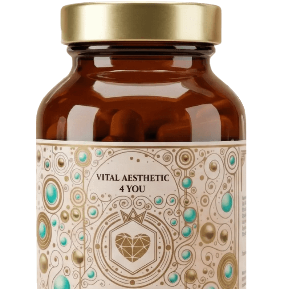 Brown supplement bottle with a gold lid, labeled