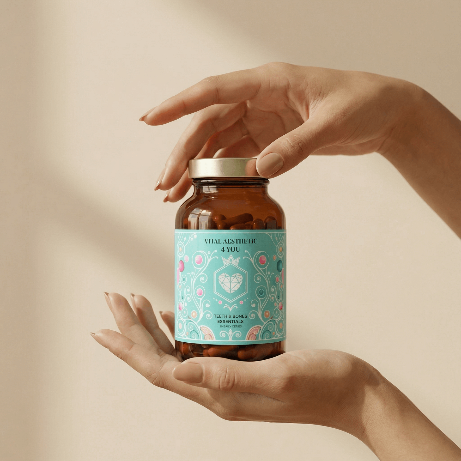 Hands holding a brown glass jar of supplements with a teal label.