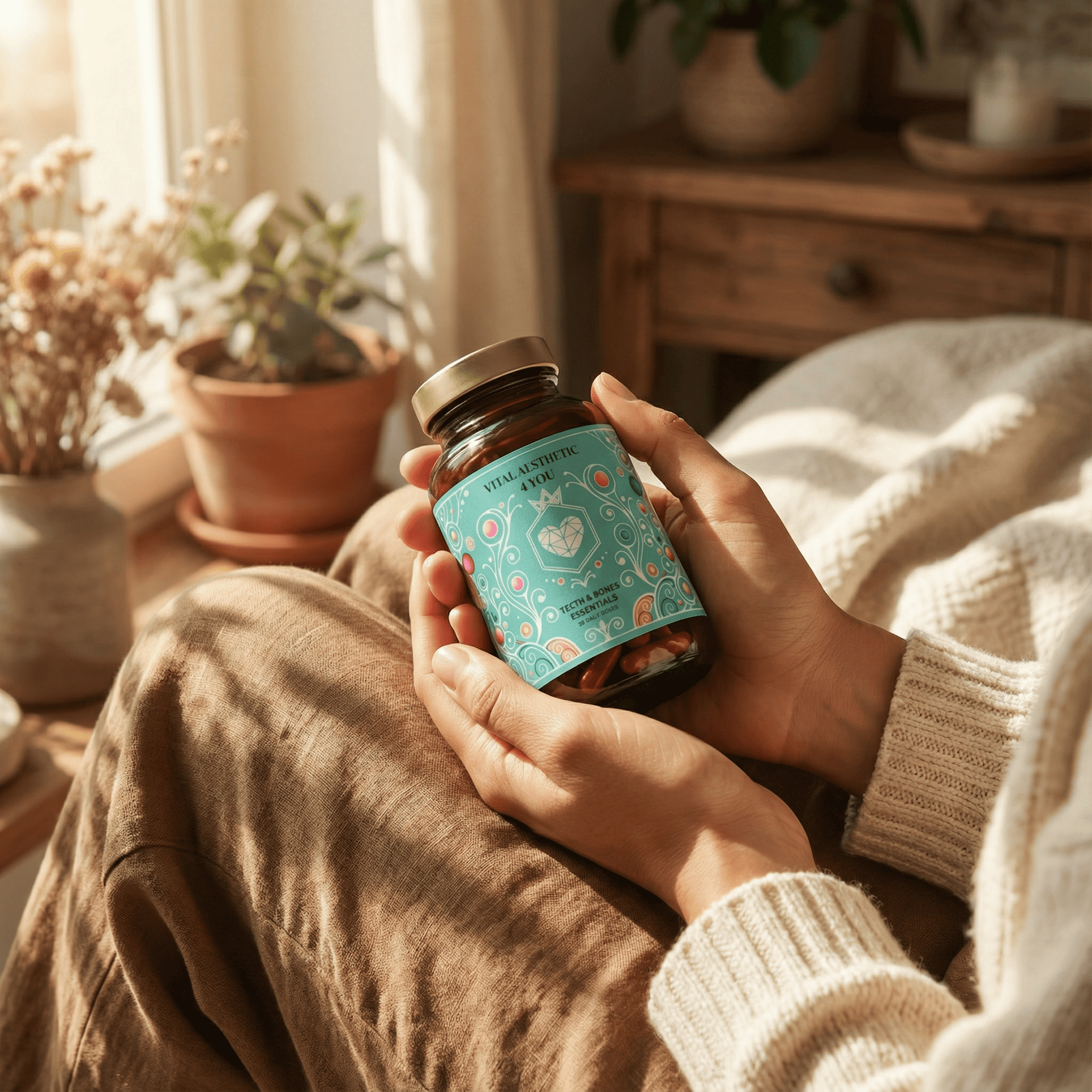 Hands holding a brown glass jar of supplements with a teal label.