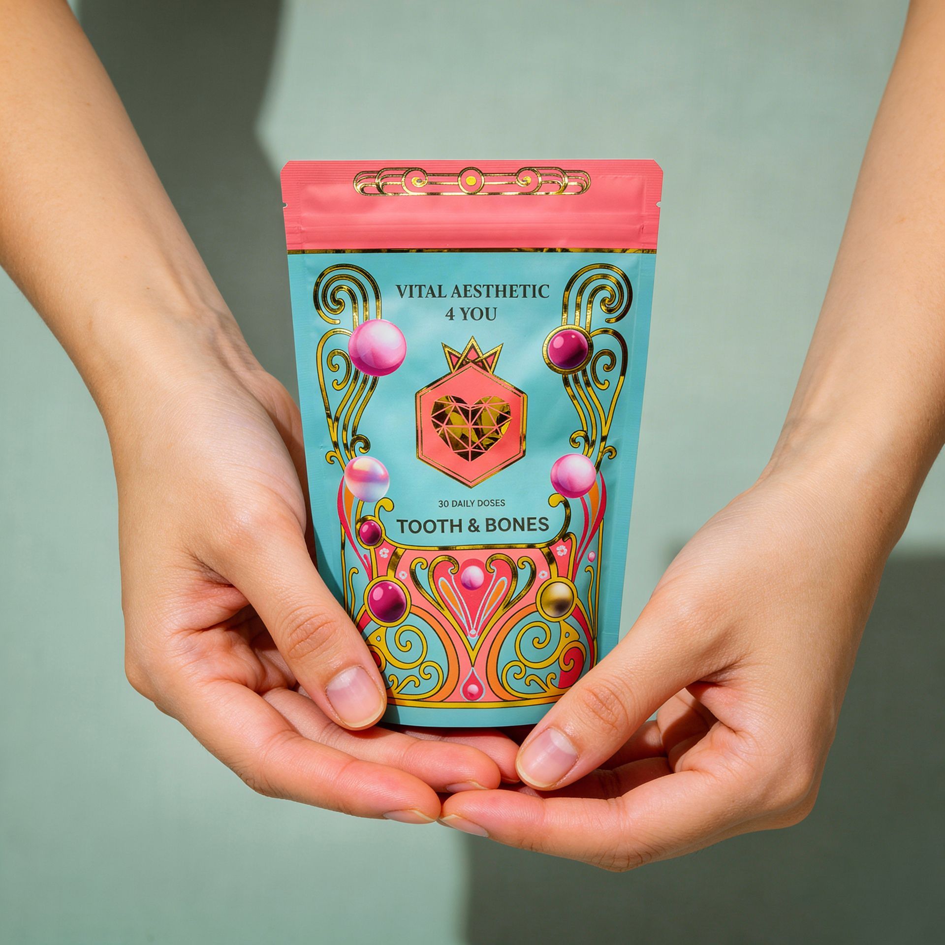 Hands holding a teal pouch with gold and pink accents and text, possibly tea or food packaging.