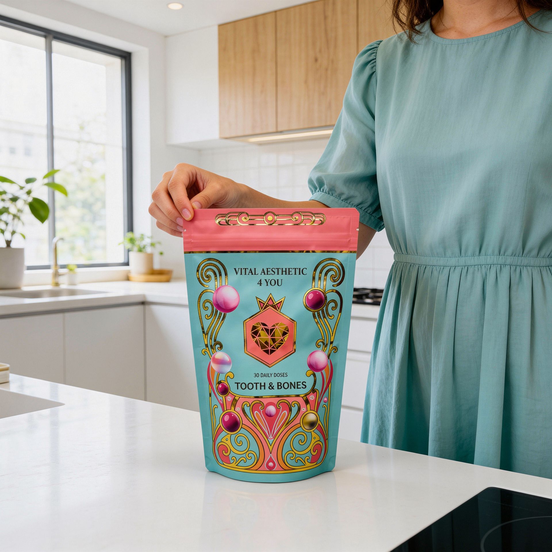 Hands holding a teal pouch with gold and pink accents and text, possibly tea or food packaging.