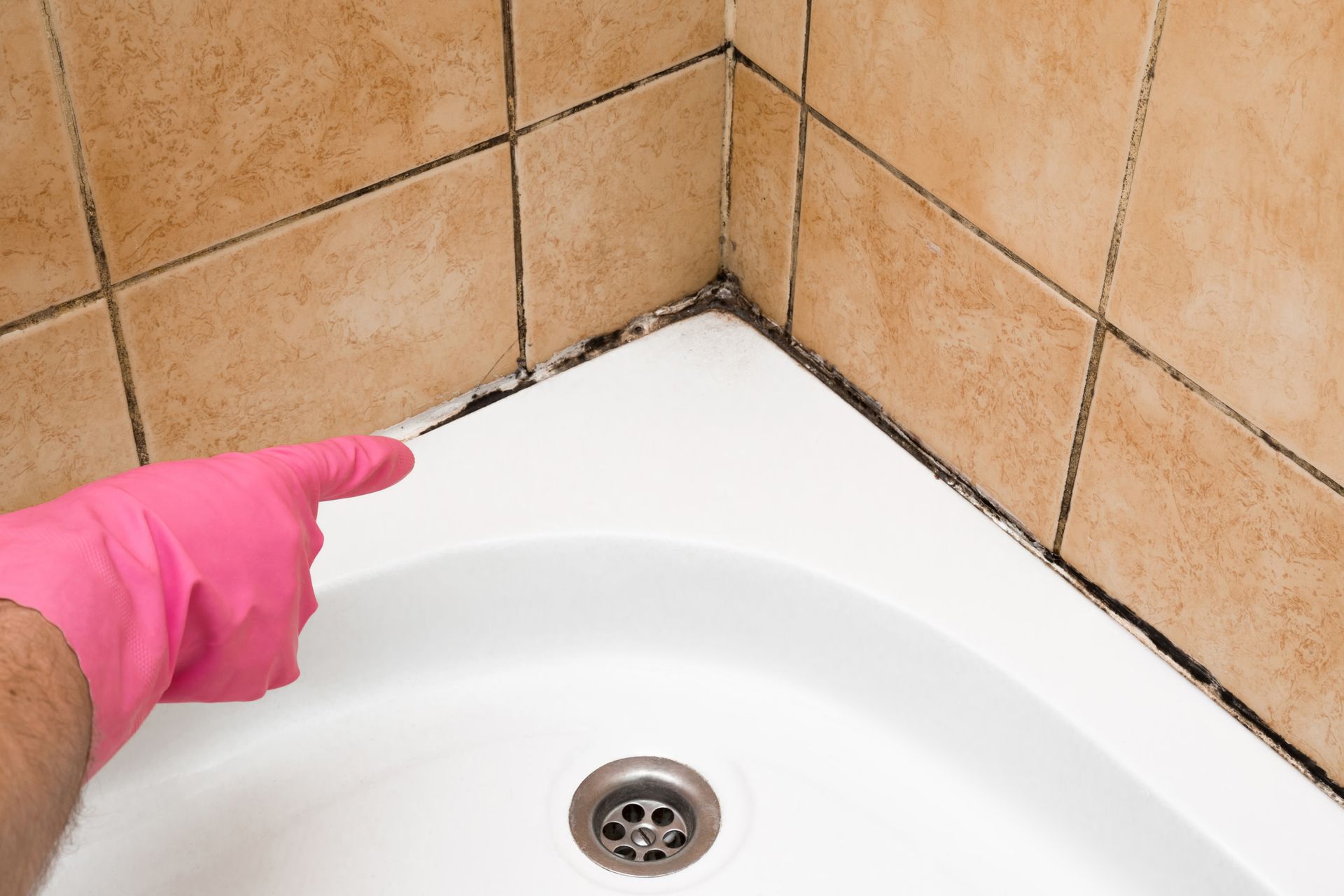A person wearing a pink glove is pointing at a moldy corner of a bathtub.