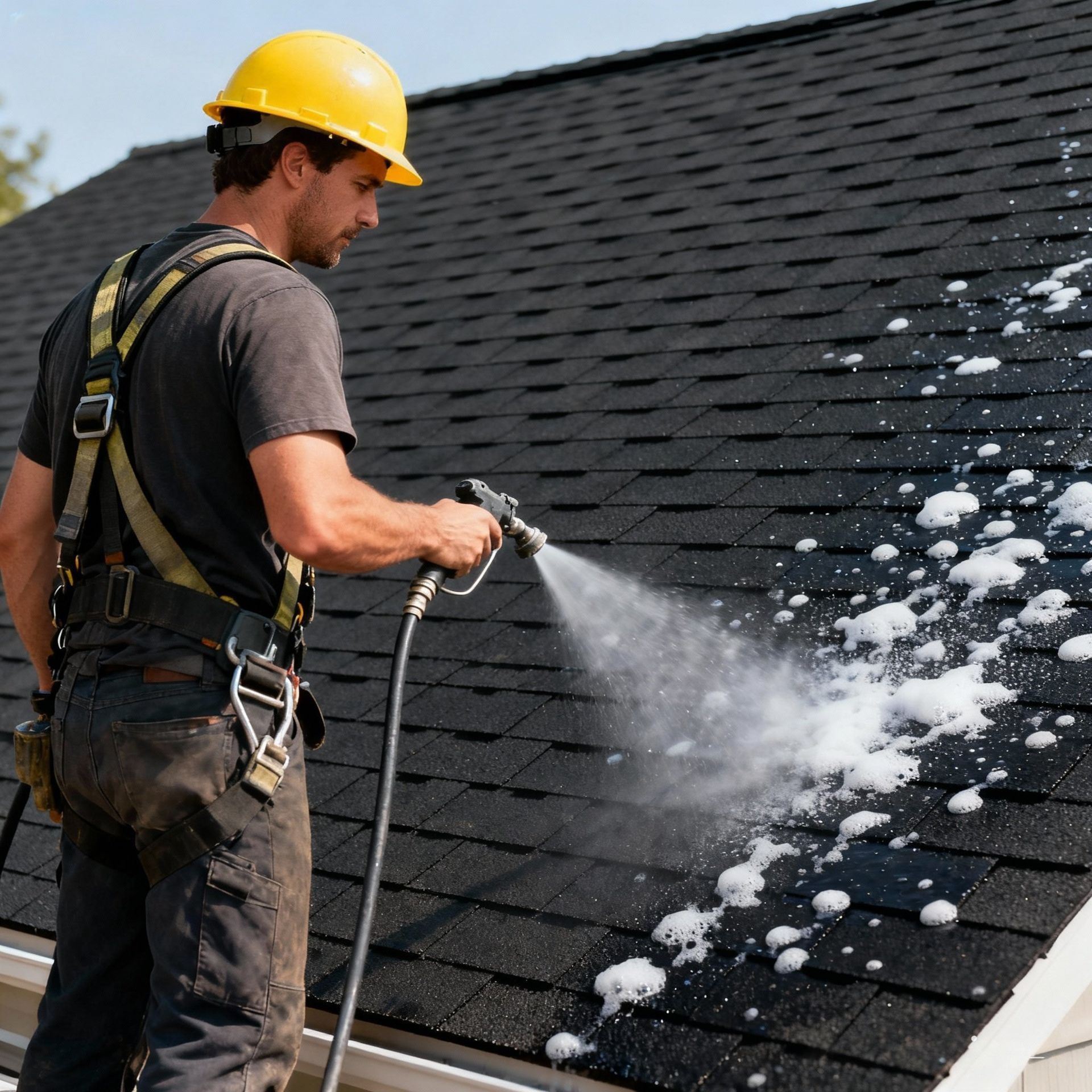 Roofer in harness spraying a cleaning solution onto dark shingles on a roof.