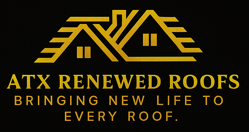 Gold logo for ATX Renewed Roofs, featuring stylized houses on black background.