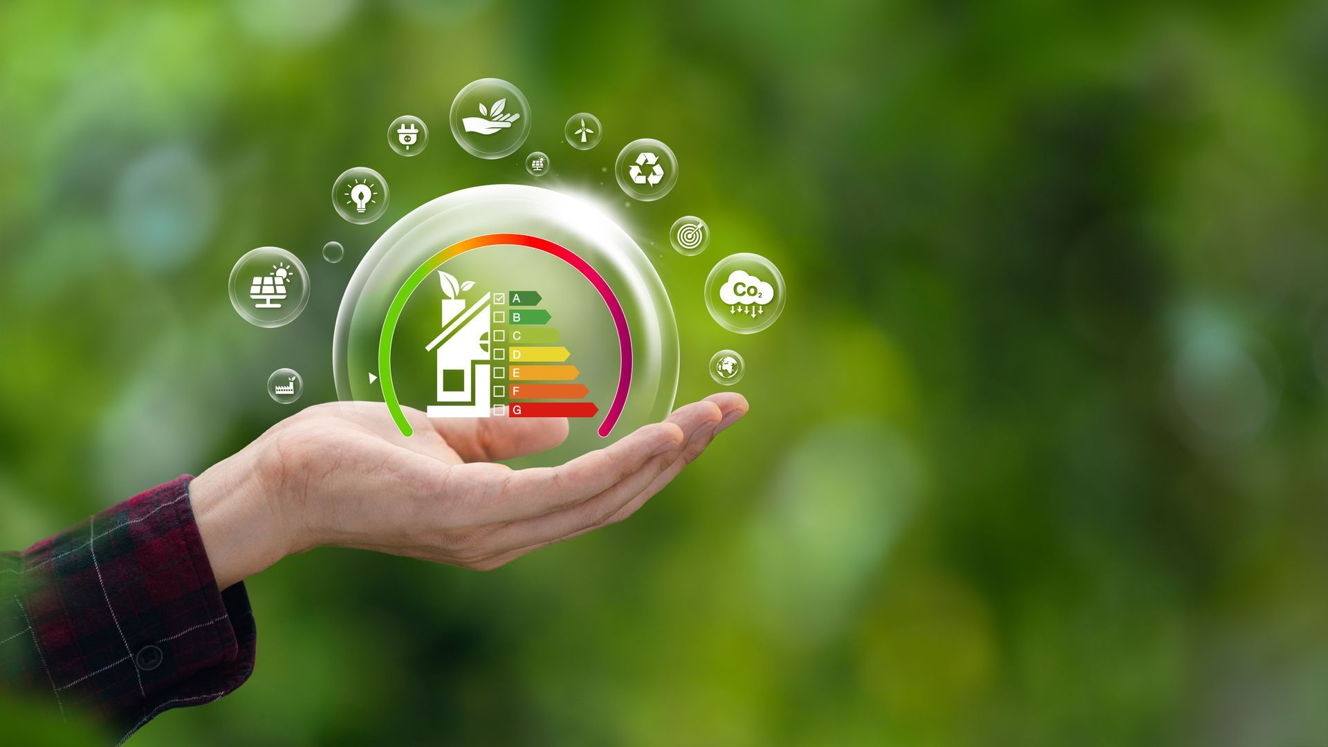 Hand holding a bubble with energy-efficient home icon, surrounded by green sustainability symbols.