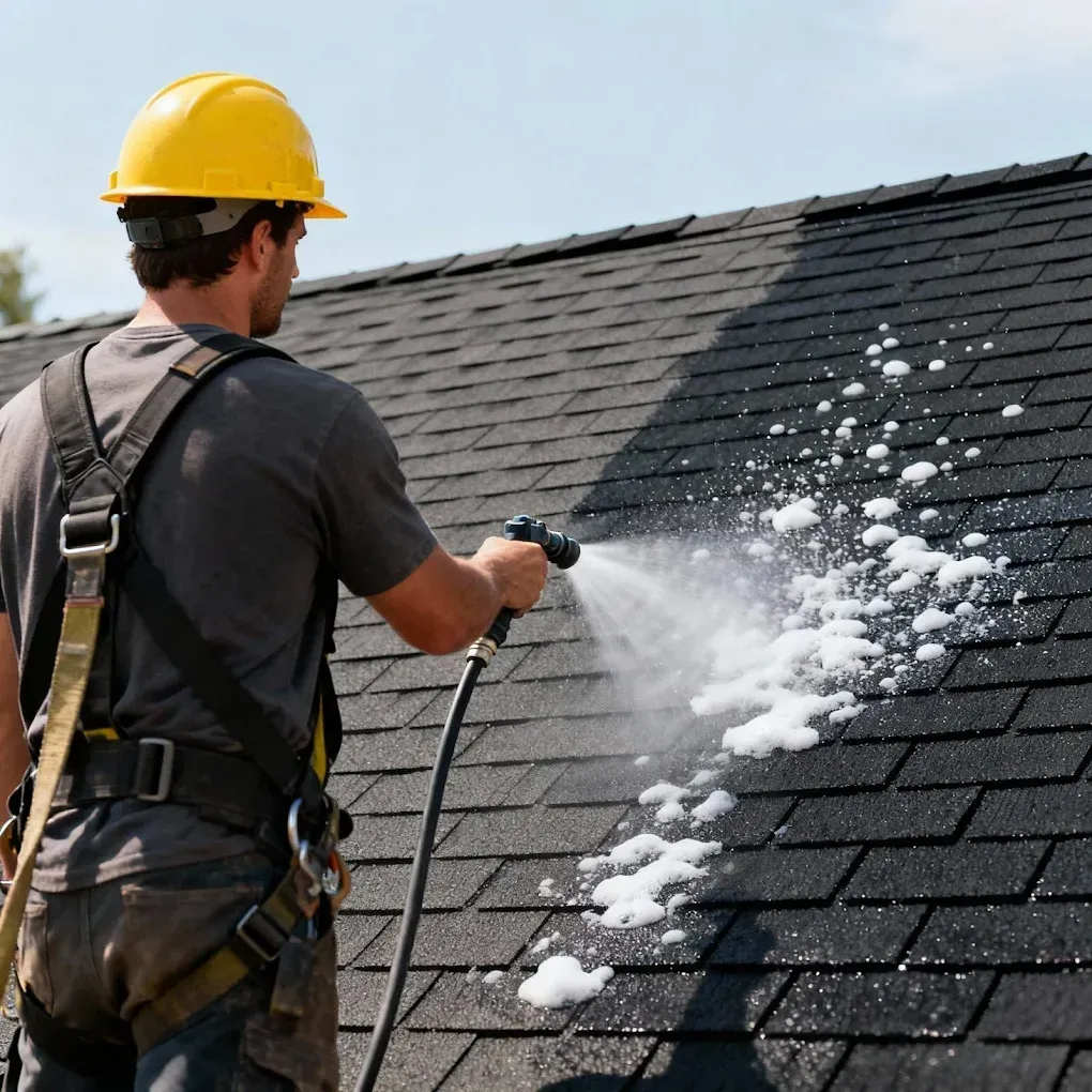 Man in a yellow hard hat power washing a dark shingle roof with soapy water.