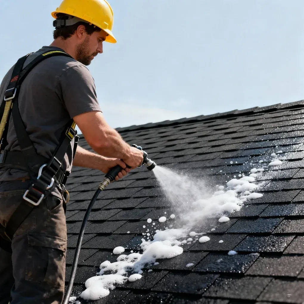 Man in safety harness pressure washing a dark shingle roof.