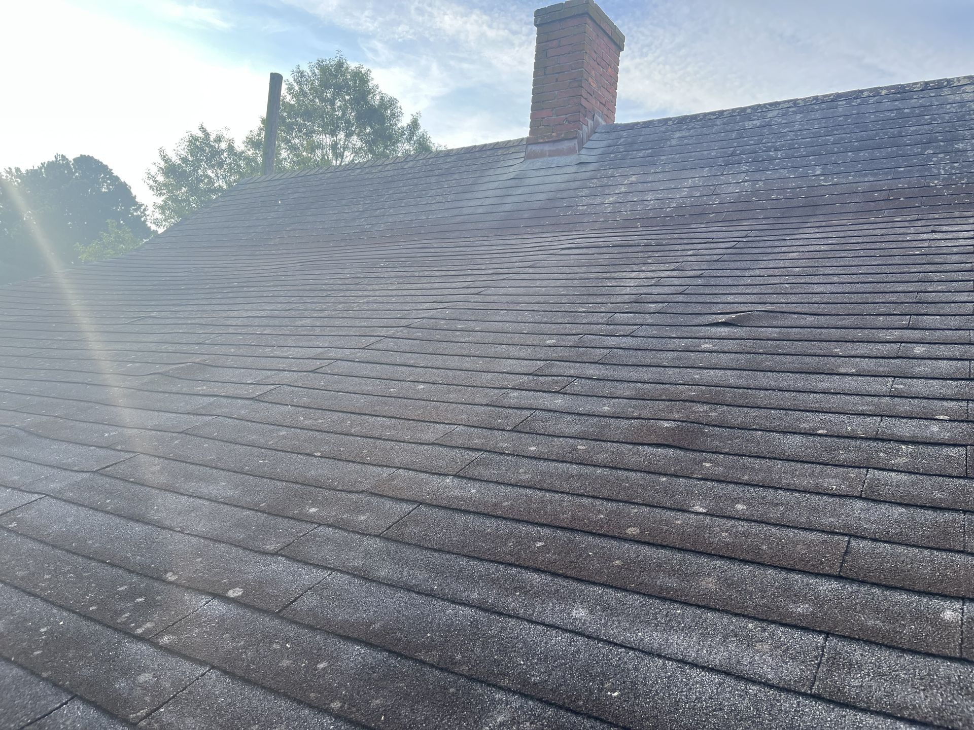Close-up view of a weathered asphalt shingle roof, with a brick chimney and a tree visible in the background.