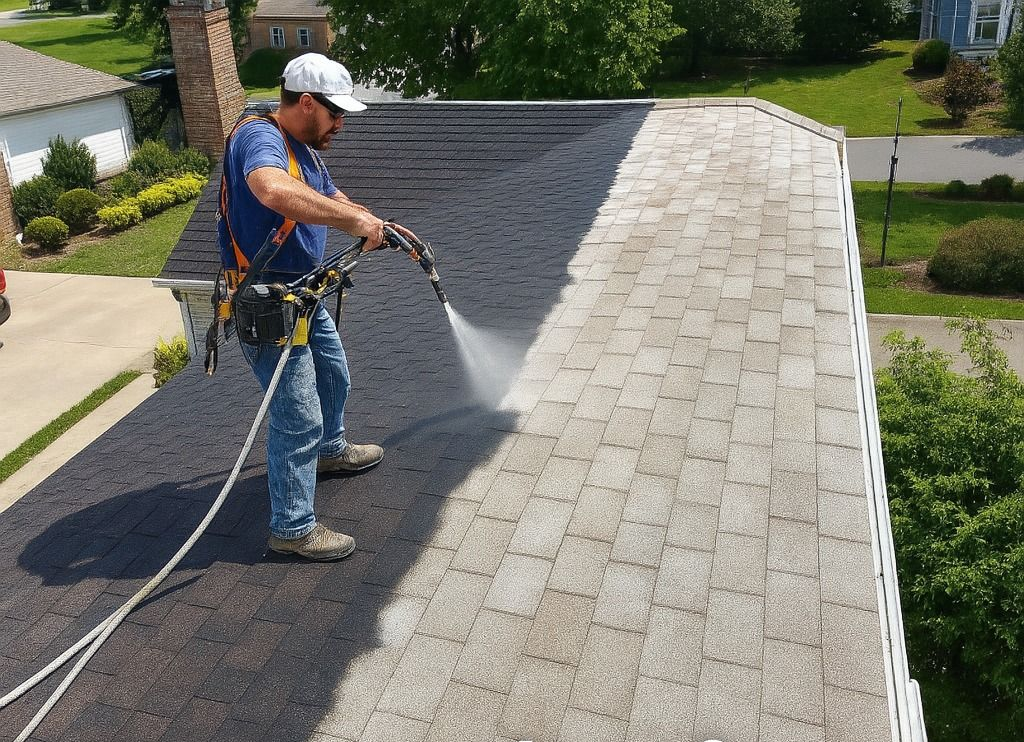 Person pressure washing a roof, wearing safety harness. Half of the roof is cleaned. Outdoors, sunny.