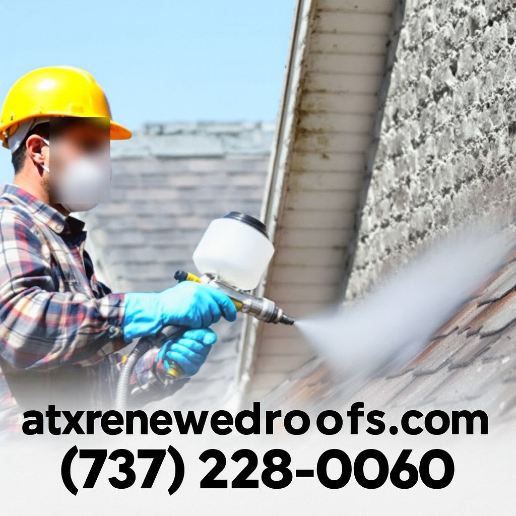 Man in hard hat spraying a roof. Text: atxrenewedroofs.com (737) 228-0060.