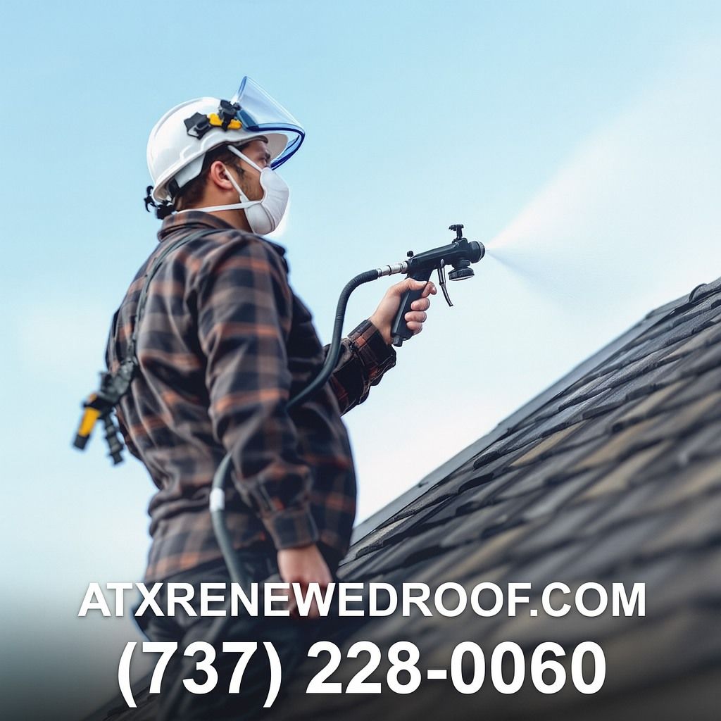 Roofer spraying a roof with a protective coating. Blue sky background. ATXRENEWEDROOF.COM (737) 228-0060.