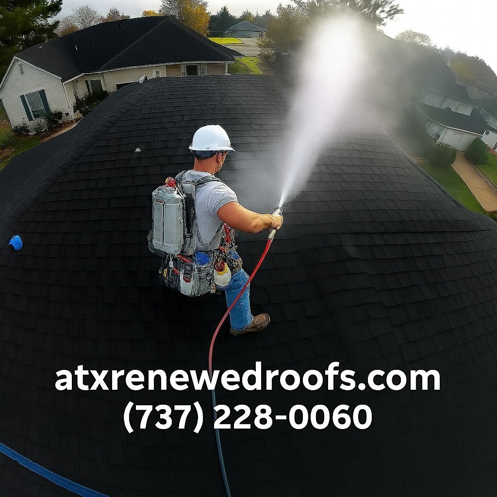 Man on a roof pressure washing it; contact information for atxrenewedroofs.com displayed.
