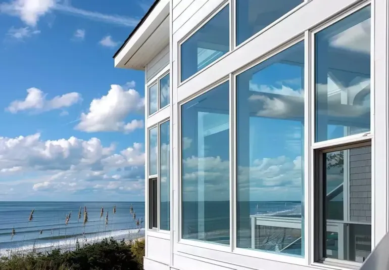 Modern beach house with large panoramic windows and ocean views.