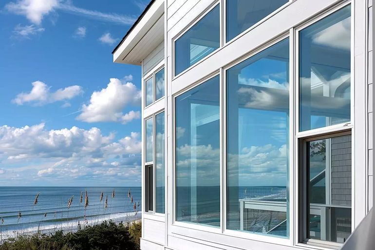Modern beach house with large panoramic windows and ocean views.