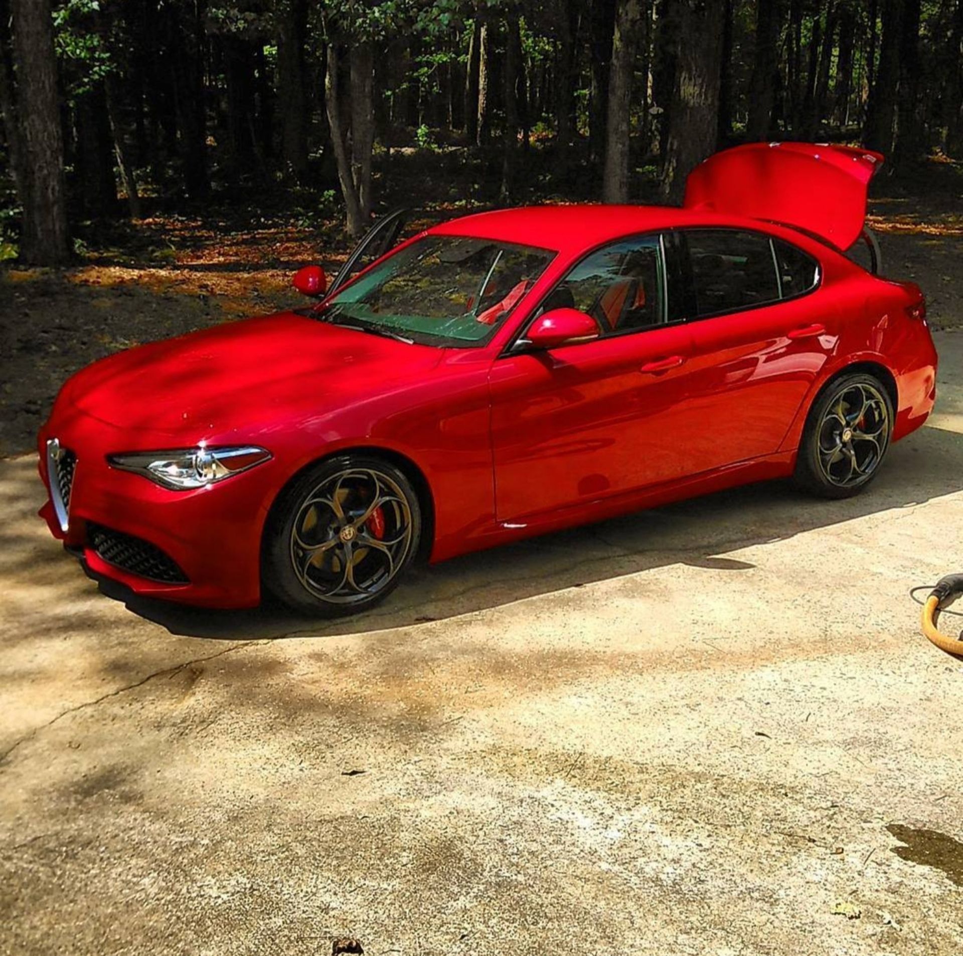 A red car with the hood up is parked in a driveway