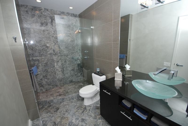 A bathroom with a toilet , sink and walk in shower.