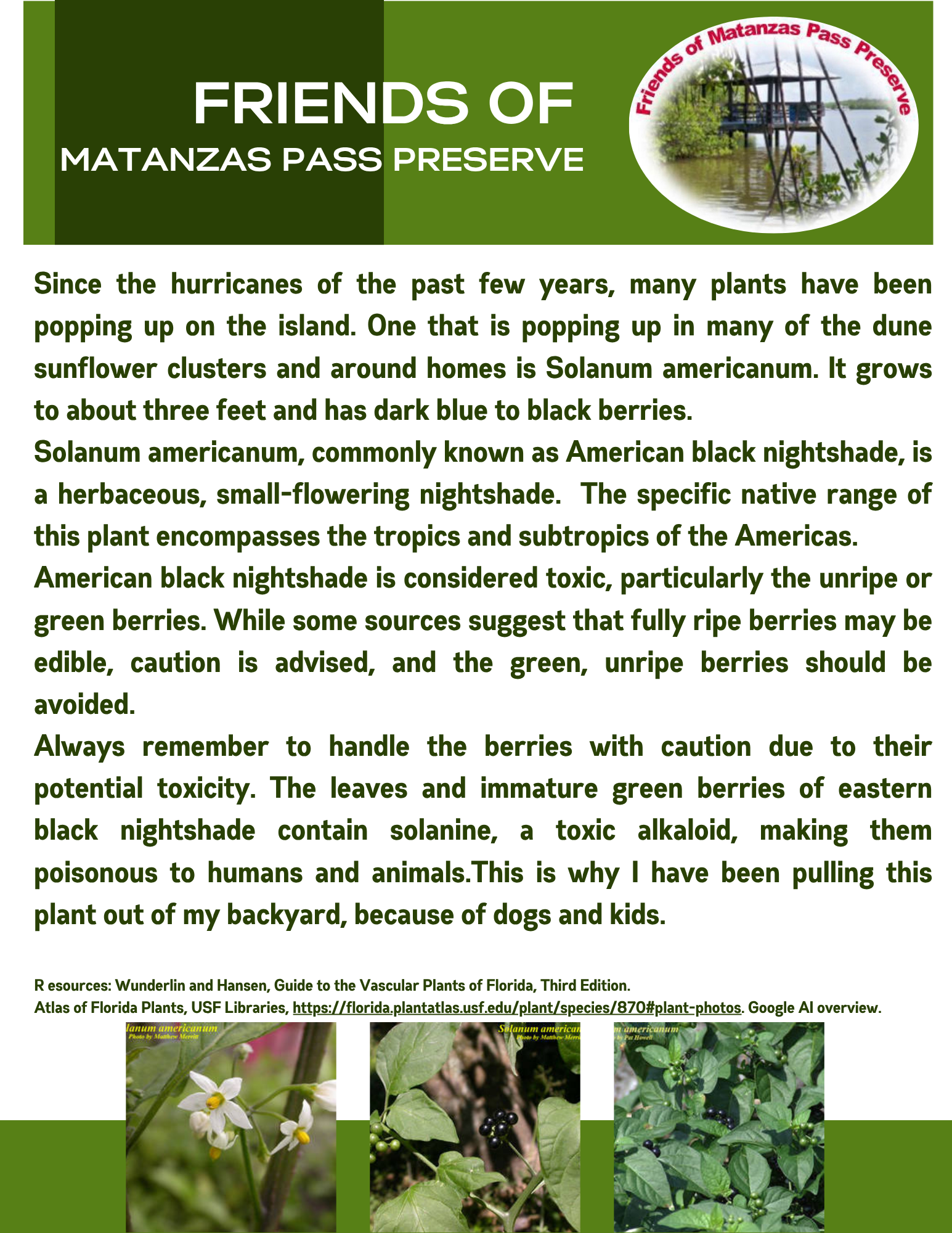 A poster for friends of matanzas pass preserve with pictures of plants.