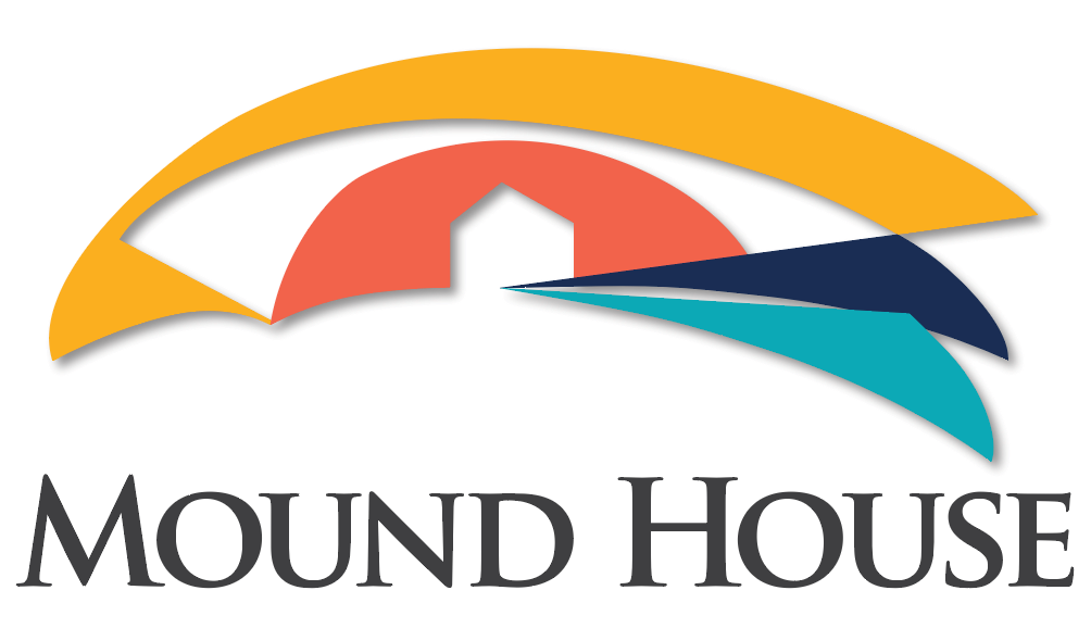 A colorful logo for mound house with a house in the middle