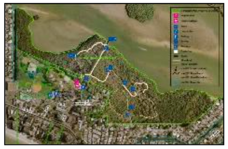 An aerial view of a map of a park with a river in the background.