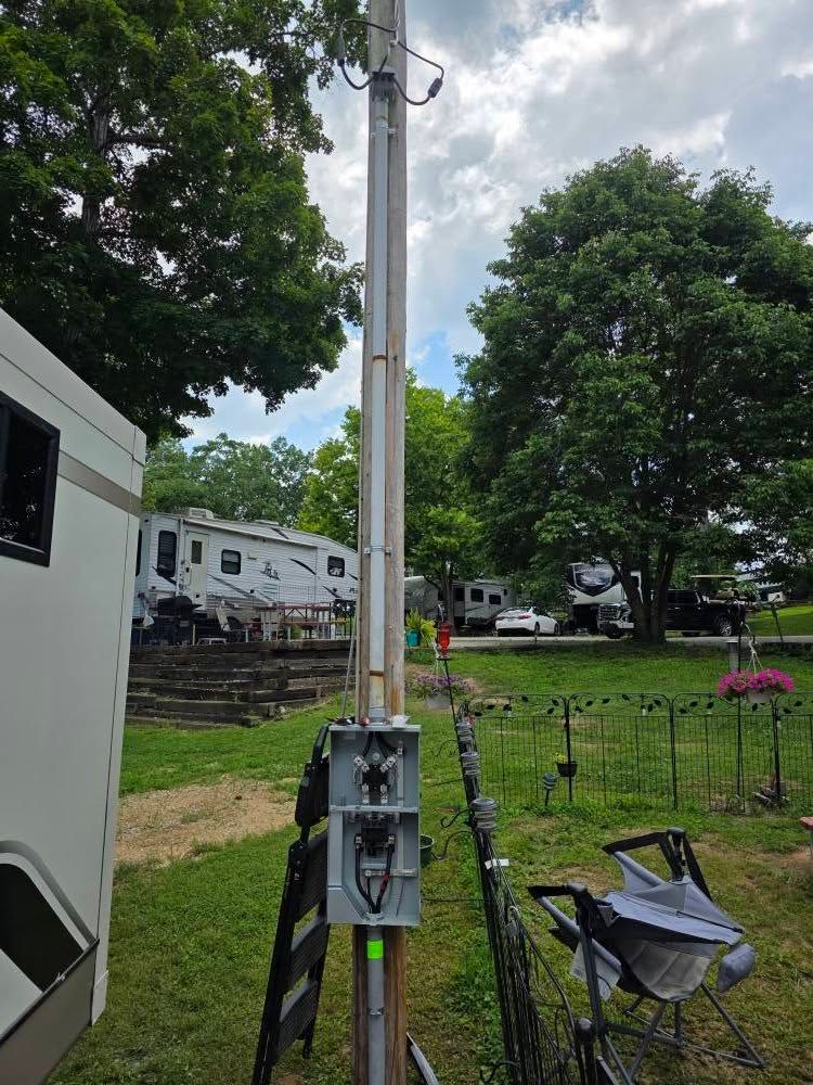 Utility pole with electrical box in a campground setting, RV in background.