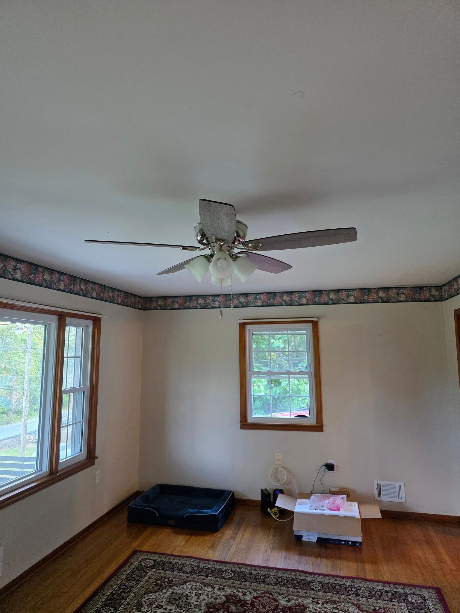 Room with wood floor, windows, ceiling fan, floral border, and rug.