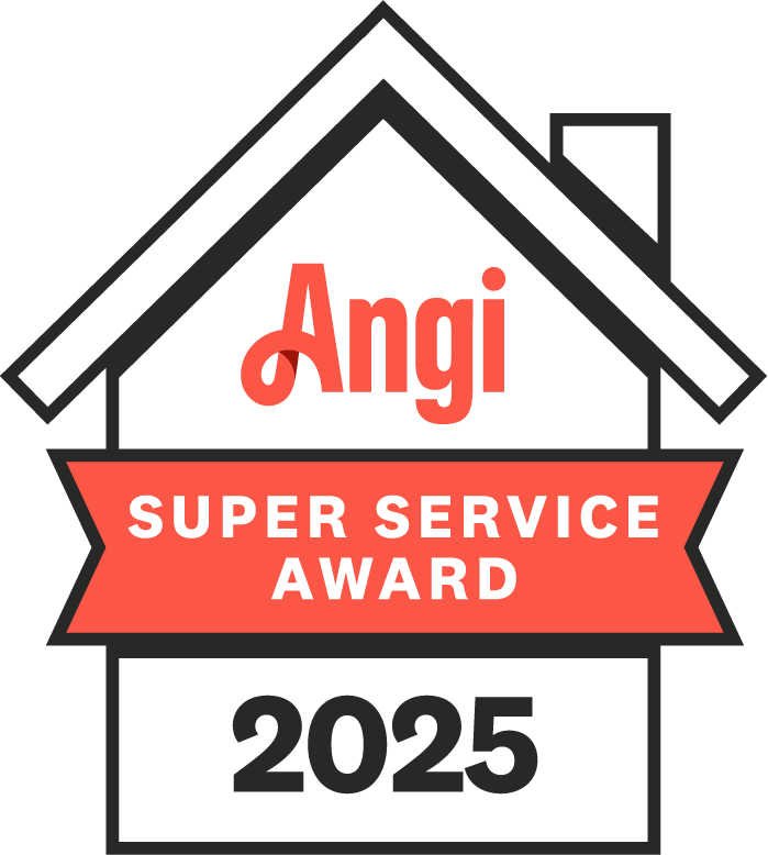 Angi Super Service Award 2025 badge in the shape of a house, with red and white text on black.
