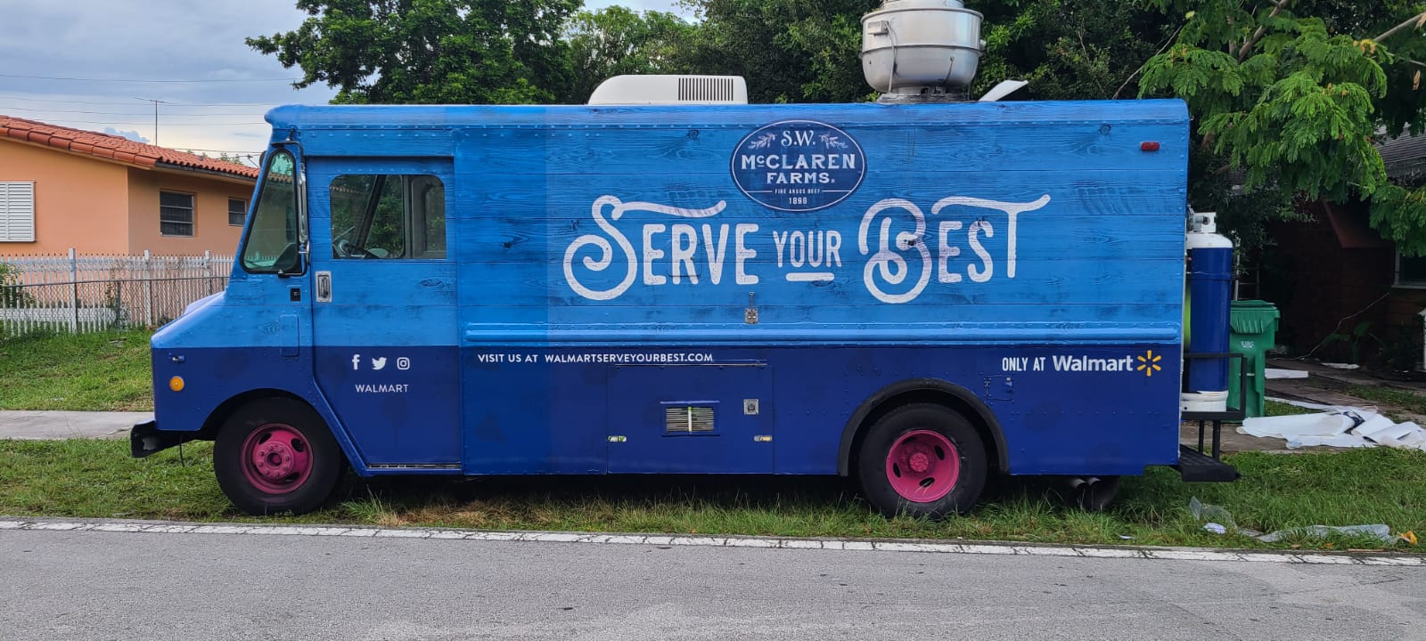 A blue food truck is parked on the side of the road.