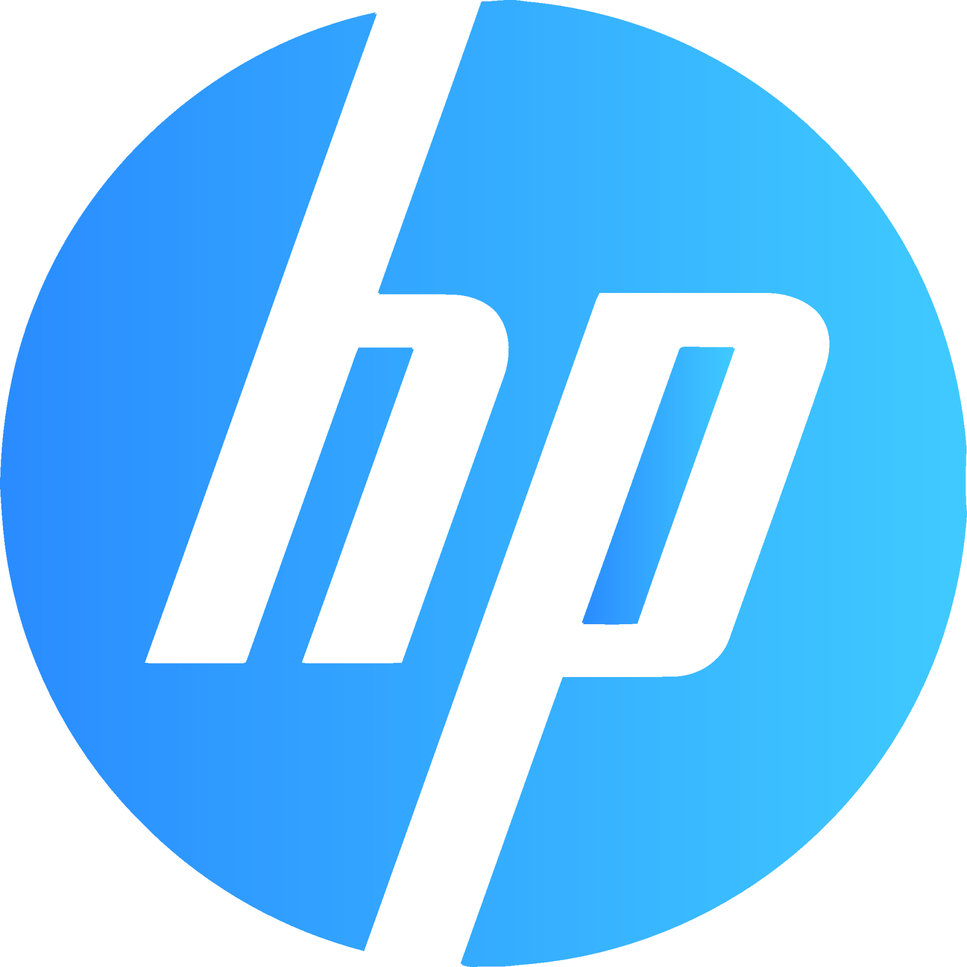 A blue and white hp logo on a white background