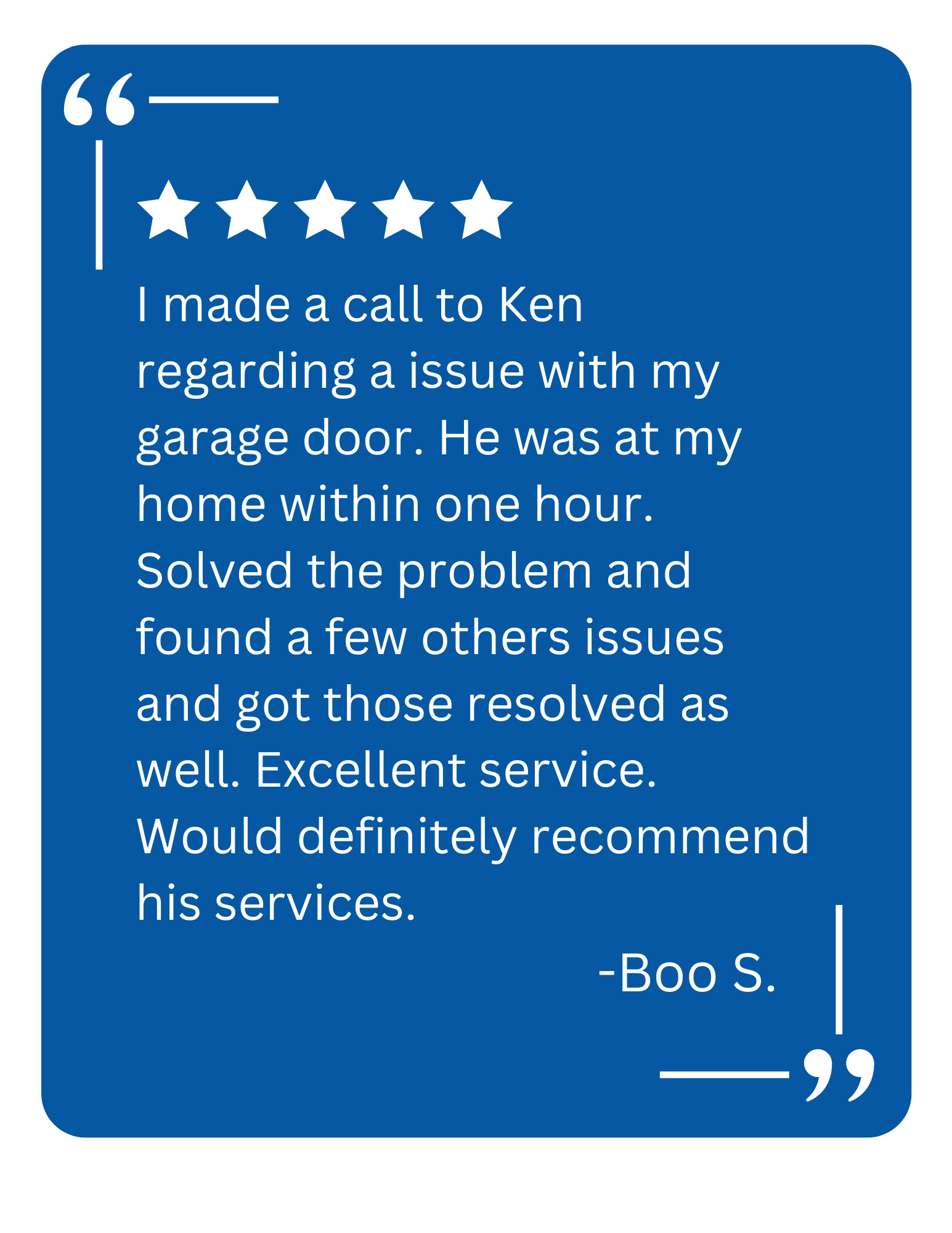 A client testimonial for KSK Garage Doors about a garage door repair in Highland, MI