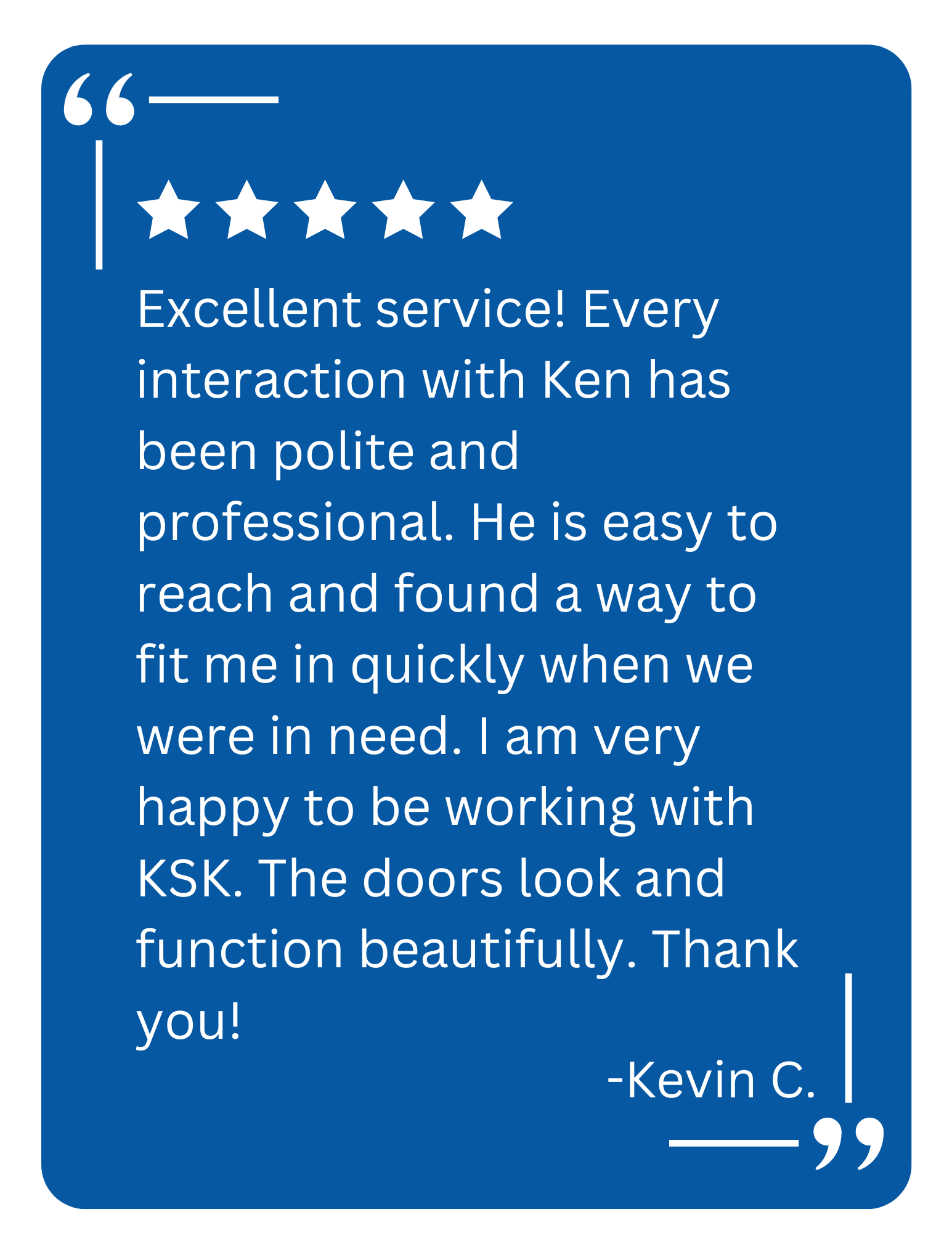 A client testimonial for KSK Garage Doors about a garage door installation in Highland, MI