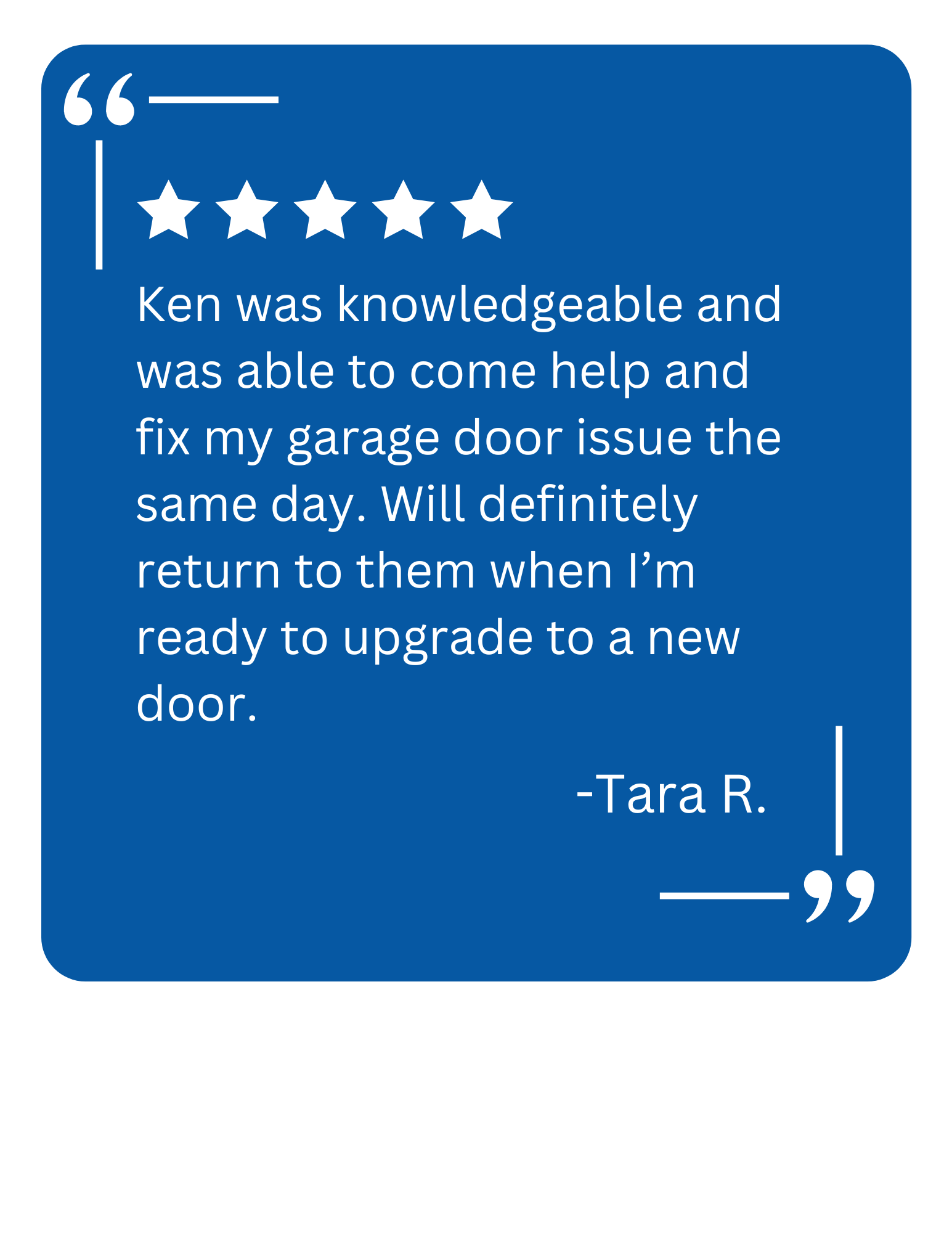 A client testimonial for KSK Garage Doors about a garage door repair in Highland, MI