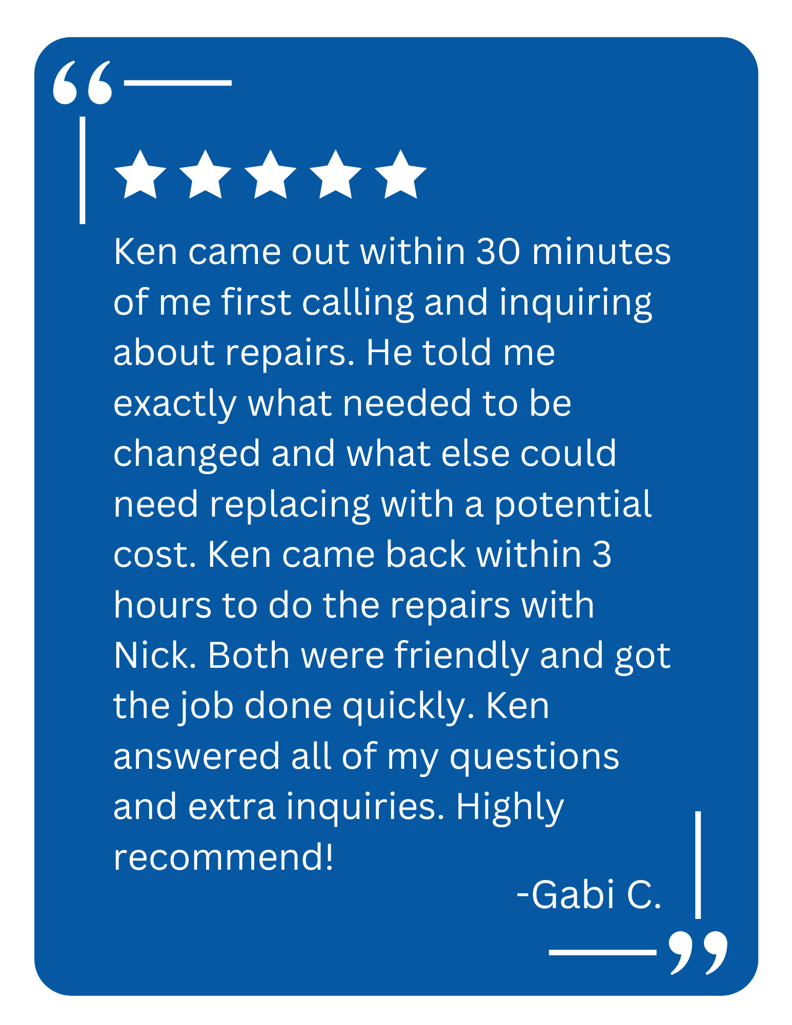 A client testimonial for KSK Garage Doors about a garage door repair in Highland, MI