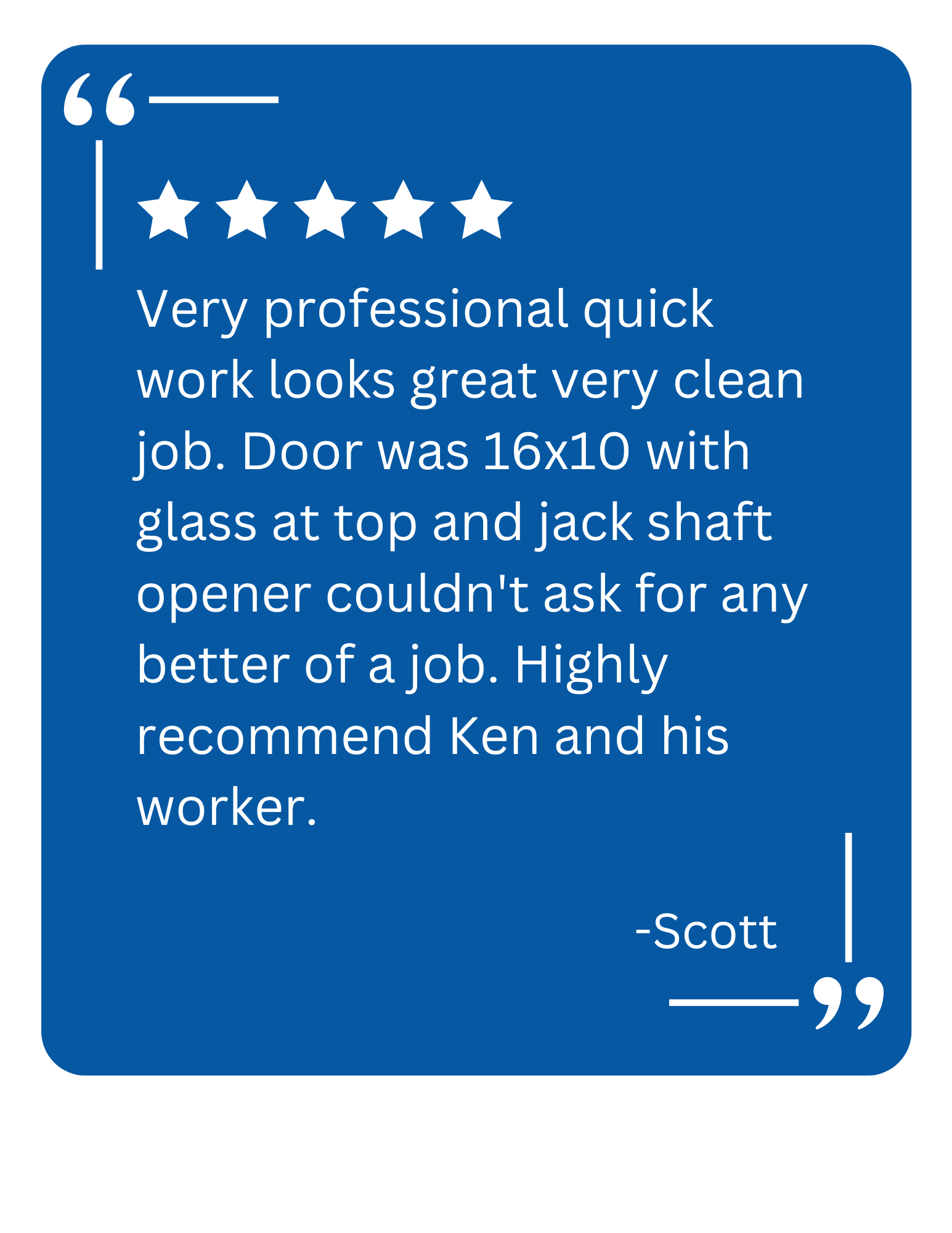 A client testimonial for KSK Garage Doors about a garage door installation in Highland, MI