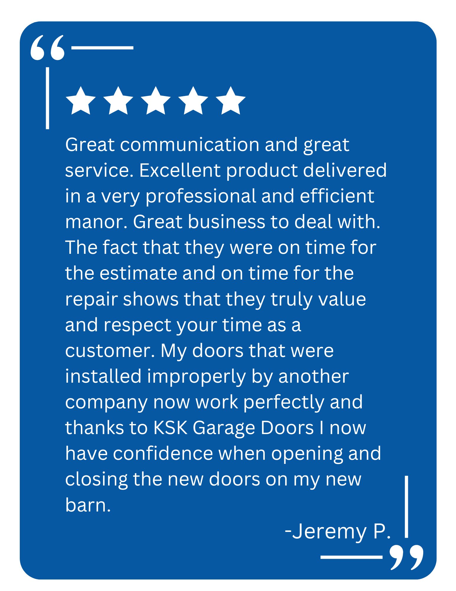 A client testimonial for KSK Garage Doors about a garage door repair in Highland, MI
