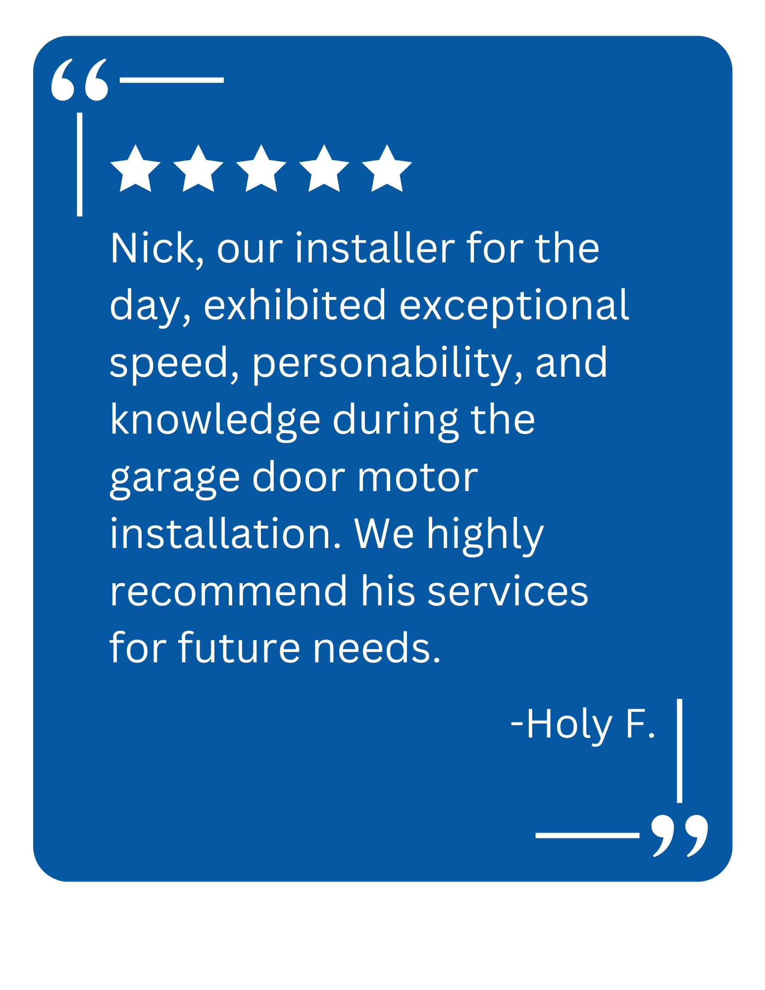 A client testimonial for KSK Garage Doors about a garage door motor installation in Highland, MI